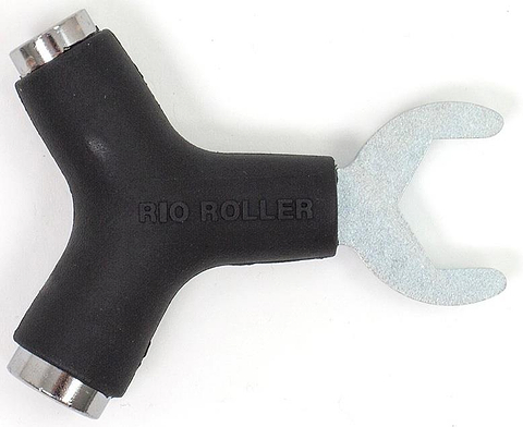 The Rio Roller Quad Roller Skate Tool - Black is a Y-shaped tool with metal sockets and a flat wrench, perfect for quick skate adjustments. Branded "RIO ROLLER," it's an essential accessory for all quad roller skaters.