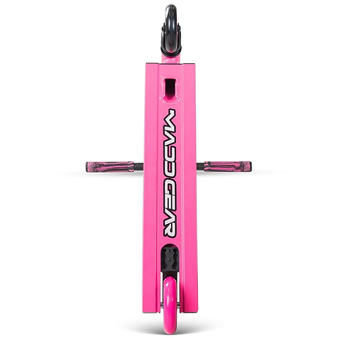 The Madd Gear MG 1 Raven Complete Stunt Scooter in pink/black features a durable aluminum deck with a bold black "MADD GEAR" logo, wide handlebars, and visible front and rear wheels—perfect for stunts.