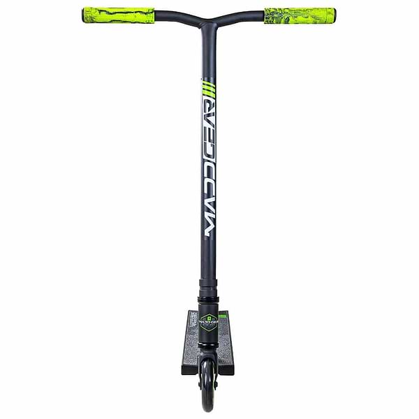 A Madd Gear (MGP) MG 3 Zen Complete Stunt Scooter in Black/Lime with green handlebar grips, one-piece steel T-bar, textured deck, and "RAPID" vertically on the stem, viewed from the front.