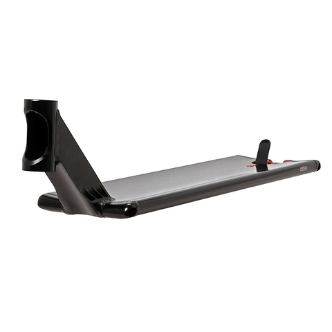 The Aztek Europa 2 Black Stunt Scooter Deck (7" x 24") features a head tube for handlebars and a rear brake, offering a smooth, sleek surface ideal for street riding and improved grinding performance.