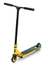 A gold stunt scooter by Slamm, the Assault Complete model, features black handlebars and an alloy deck with blue and green accents. Equipped with 110mm aluminum wheels designed for tricks, this complete scooter is displayed upright on a white background.