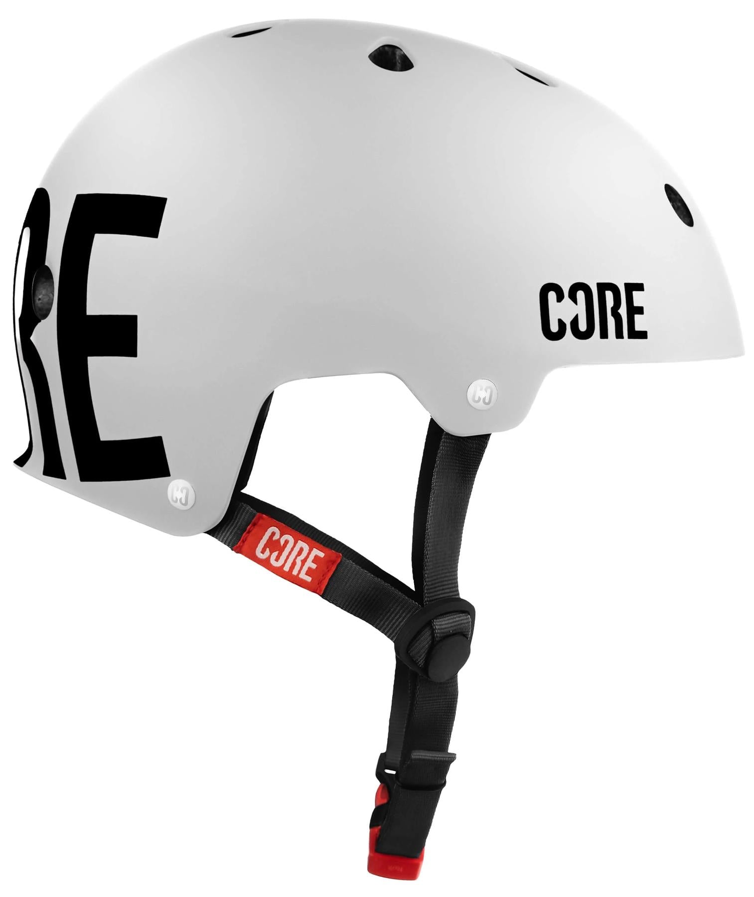 The CORE Street Skate / Scooter Helmet in white features black CORE branding, black adjustable straps, a red side buckle label, and ventilation holes for comfort—perfect to pair with CORE Lux Pads.