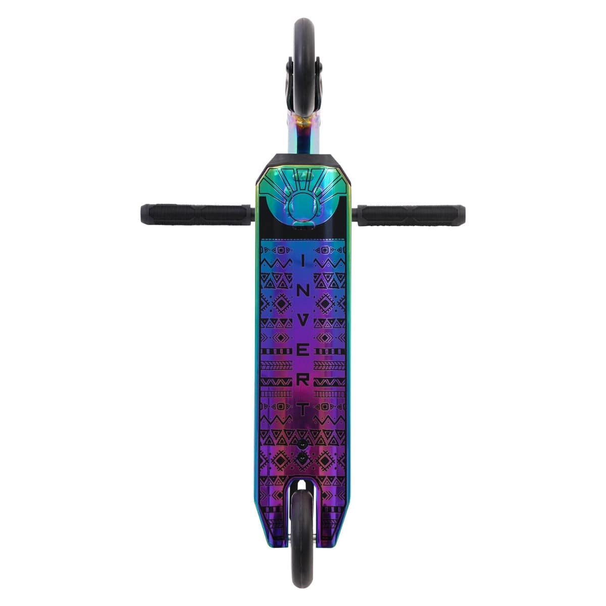 From a top view, the Invert Supreme 1-4-8 Mini Kids Stunt Scooter-Neochrome showcases its striking, iridescent finish enhanced with tribal patterns and prominently displays "Invert" on the deck. Ideal for children heading to the skate park, its handlebars and two wheels stand out vividly against the backdrop.