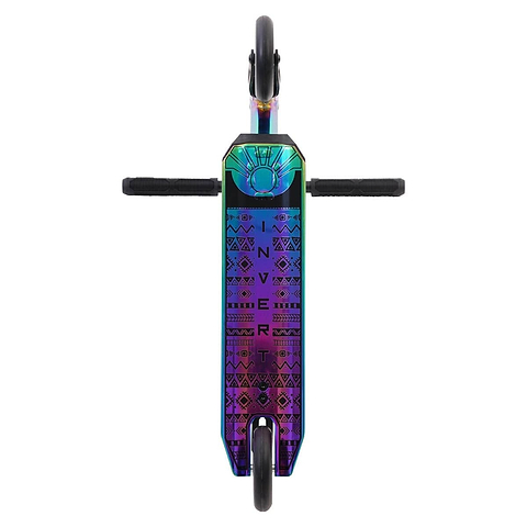 From a top view, the Invert Supreme 1-4-8 Mini Kids Stunt Scooter-Neochrome showcases its striking, iridescent finish enhanced with tribal patterns and prominently displays "Invert" on the deck. Ideal for children heading to the skate park, its handlebars and two wheels stand out vividly against the backdrop.