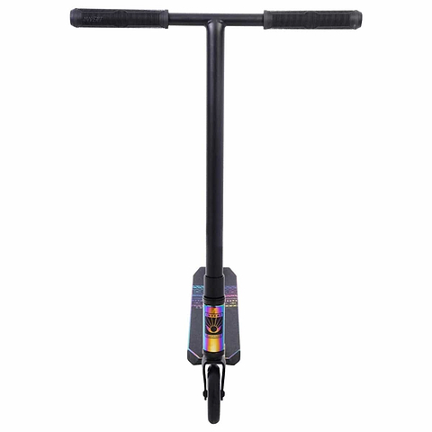 The Invert Supreme 1-4-8 Mini Kids Stunt Scooter in Neochrome is a sleek black model equipped with a T-shaped handlebar and boasts a vibrant graphic design on the deck. Ideal for children or skate park enthusiasts, it is displayed front-facing to highlight its clean and streamlined appearance.