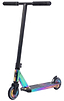 The Invert Supreme 1-4-8 Mini Kids Stunt Scooter in Neochrome is a perfect choice for the skate park, featuring a multicolored deck, black handlebar, and two wheels with an eye-catching iridescent design that kids will adore.