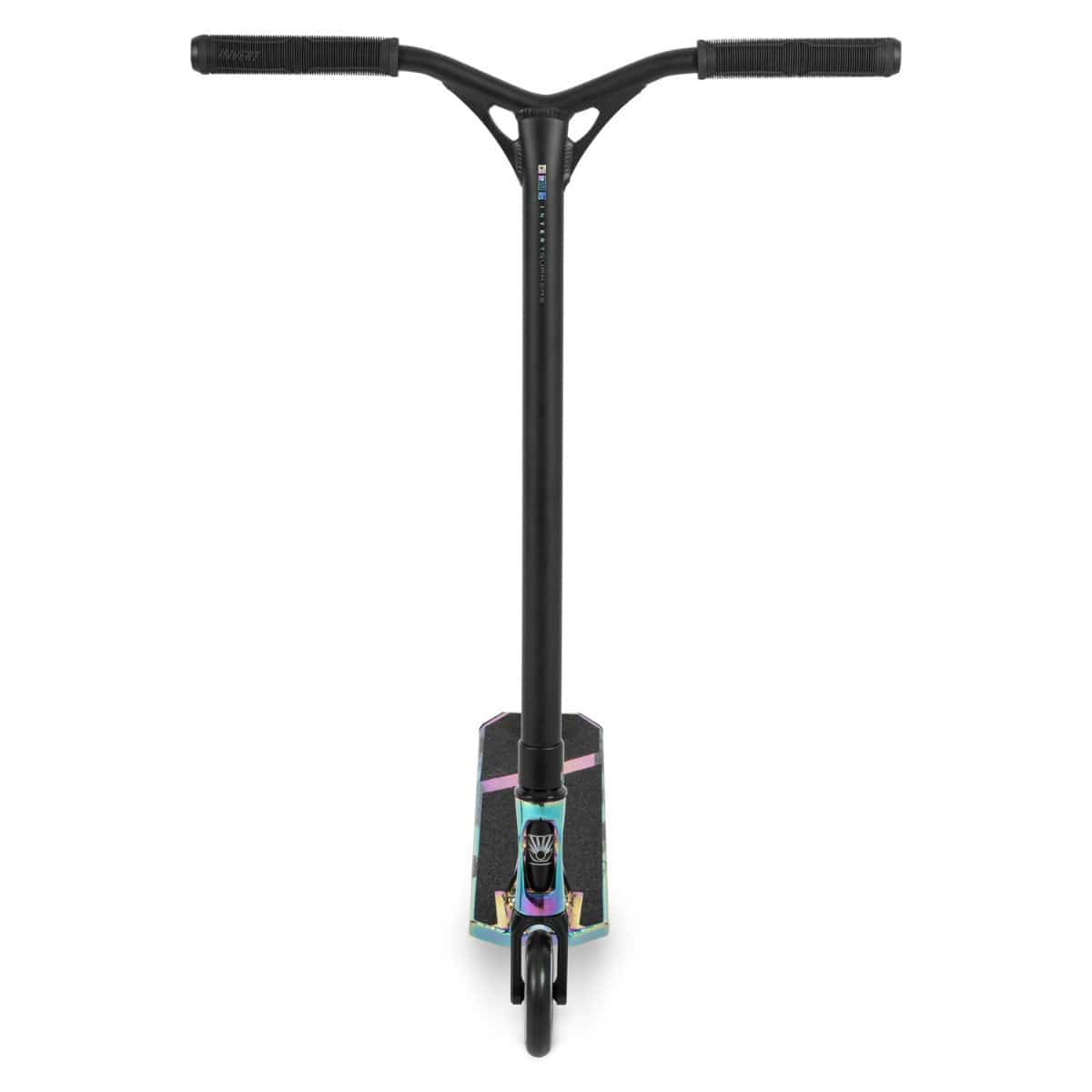 Front view of the Invert Supreme Journey 3 Jamie Hull Complete Stunt Scooter in Neochrome and Black, showcasing a T-bar handle. The ultra-lightweight deck displays colorful patterns, and the front wheel features alloy core wheels. The scooter stands upright against a white background.