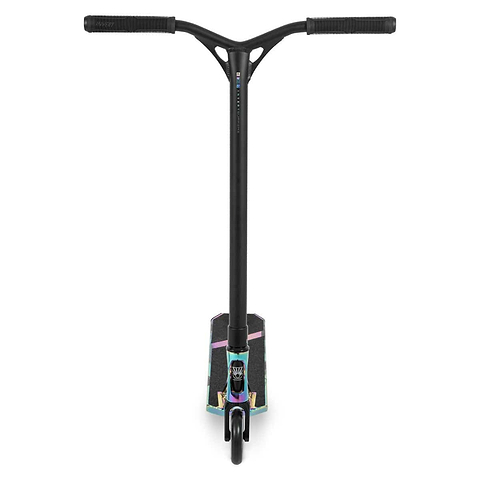 Front view of the Invert Supreme Journey 3 Jamie Hull Complete Stunt Scooter in Neochrome and Black, showcasing a T-bar handle. The ultra-lightweight deck displays colorful patterns, and the front wheel features alloy core wheels. The scooter stands upright against a white background.