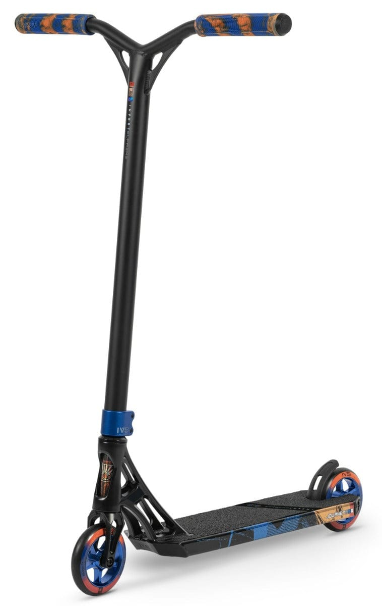 The Invert Supreme Journey 3 Jamie Hull Complete Stunt Scooter by Invert is a sleek black model that boasts an ultra-lightweight forged alloy deck, adorned with striking blue and orange handlebar grips. Its eye-catching red and blue wheels enhance the colorful deck design, making it pop against the white background.