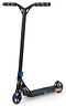 The Invert Supreme Journey 3 Jamie Hull Complete Stunt Scooter by Invert is a sleek black model that boasts an ultra-lightweight forged alloy deck, adorned with striking blue and orange handlebar grips. Its eye-catching red and blue wheels enhance the colorful deck design, making it pop against the white background.