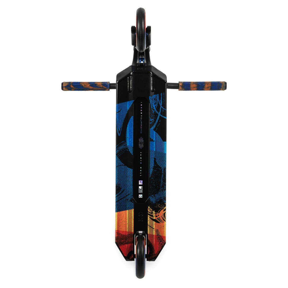 Top view of the Invert Supreme Journey 3 Jamie Hull Complete Stunt Scooter by Invert, showcasing a striking combination of black, blue, and orange colors. It features two black handlebars with camo-patterned grips and an ultra-lightweight forged alloy deck, delivering a sleek and modern appearance with its visible wheels.