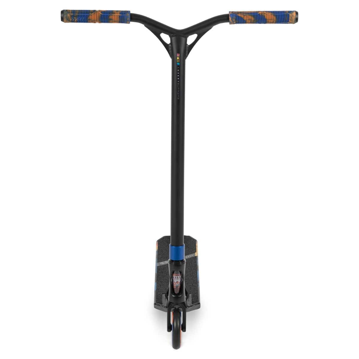 The Invert Supreme Journey 3 Jamie Hull Complete Stunt Scooter, offered by Invert, features a black finish with wide handlebars and distinctive blue and orange grips. It includes an ultra-lightweight forged alloy deck with a textured surface, complemented by robust wheels designed for exciting stunts.