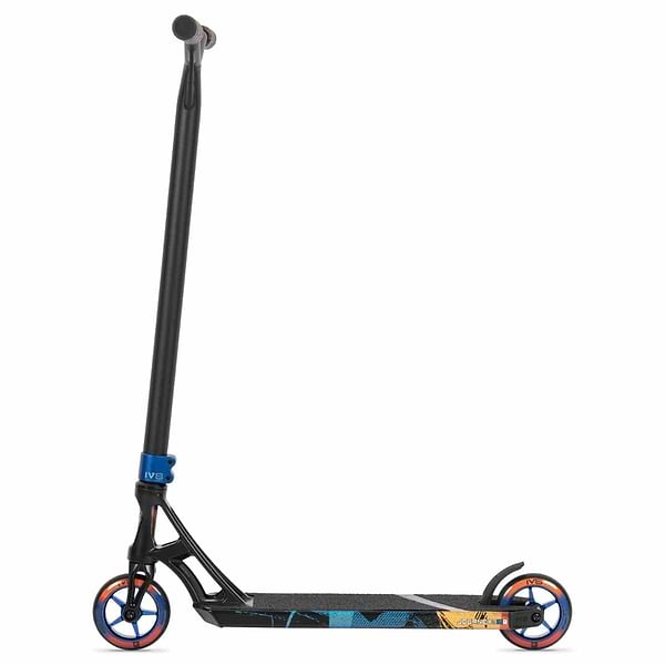 The Invert Supreme Journey 3 Jamie Hull Complete Stunt Scooter by Invert is an ultra-lightweight scooter that features a black frame with blue and orange accents. It includes a T-shaped handlebar, wheels boasting striking orange hubs, and a forged alloy deck with eye-catching graphics set against a white background.