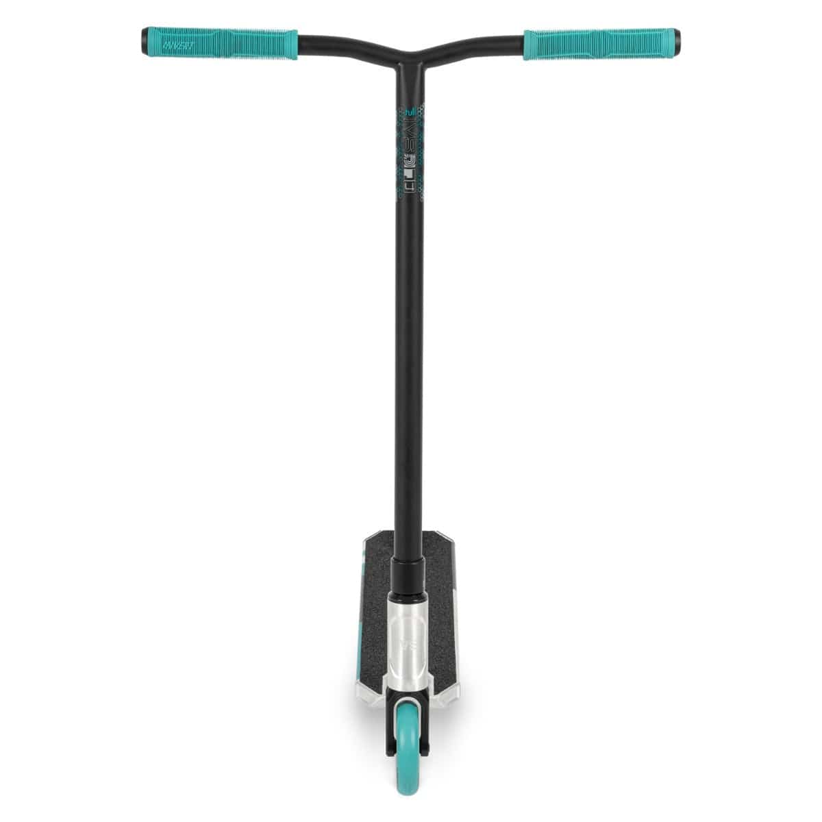 Presenting the Invert Supreme Journey 4 Jamie Hull Complete Stunt Scooter in Raw and Teal. This stylish scooter boasts a lightweight alloy deck, teal grips, and a distinctive single teal front wheel. It is equipped with Typhoon cro-mo handlebars and a sleek black T-bar, all expertly aligned for an exhilarating ride.