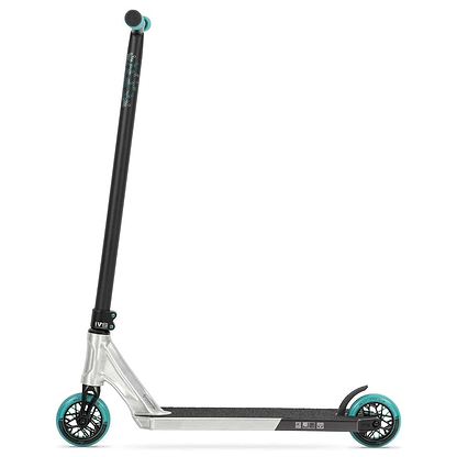 The Invert Supreme Journey 4 Jamie Hull Complete Stunt Scooter - Raw / Teal is a stylish scooter featuring a sleek silver and black design with turquoise-accented wheels and handlebars. It boasts Typhoon cro-mo bars, a lightweight alloy deck, and a textured surface, all showcased in a minimalist style against a white background.