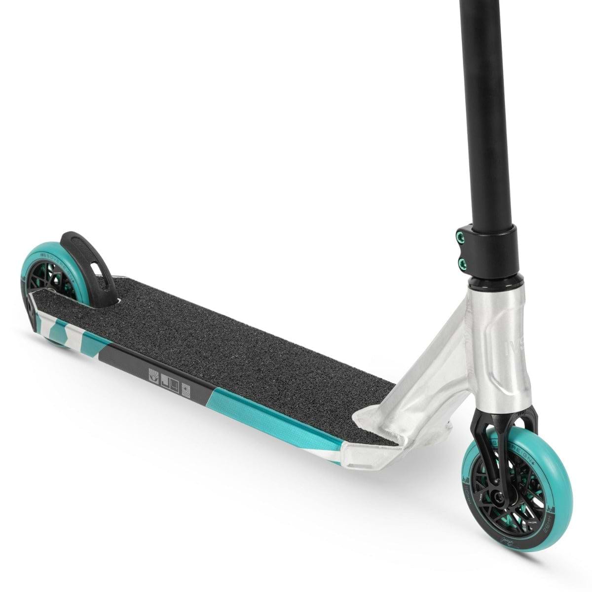 The Invert Supreme Journey 4 Jamie Hull Complete Stunt Scooter, in a striking Raw and Teal color scheme, features a lightweight alloy deck with teal wheels and accents. It includes black grip tape on the deck and Typhoon cro-mo bars for improved performance. The fork presents a sleek, modern design, ideal for executing thrilling tricks.