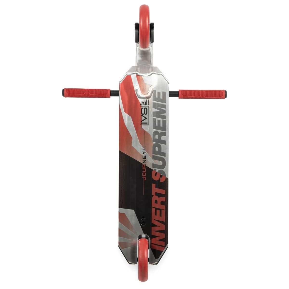 Top view of the Invert Supreme Journey 4 Jamie Hull Complete Stunt Scooter, featuring a red and silver design with "INVERT SUPREME" prominently displayed on its lightweight alloy deck. The scooter's handlebars and wheels match in vibrant red, complemented by dynamic lines that enhance its sporty appearance.