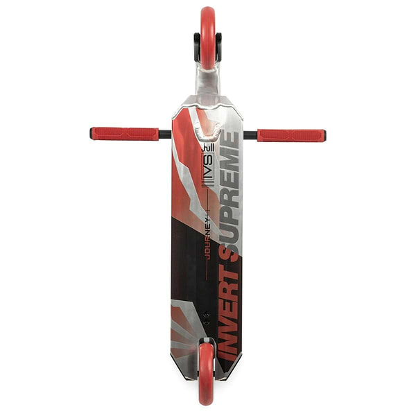 Top view of the Invert Supreme Journey 4 Jamie Hull Complete Stunt Scooter, featuring a red and silver design with "INVERT SUPREME" prominently displayed on its lightweight alloy deck. The scooter's handlebars and wheels match in vibrant red, complemented by dynamic lines that enhance its sporty appearance.