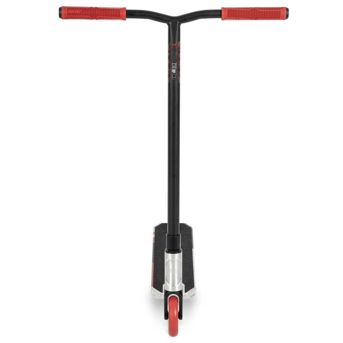 The Invert Supreme Journey 4 Jamie Hull Complete Stunt Scooter in Raw and Red combines bold aesthetics with functionality. It boasts a lightweight alloy deck, textured surface, straight handlebars, red grips, and a red front wheel visible from the front.