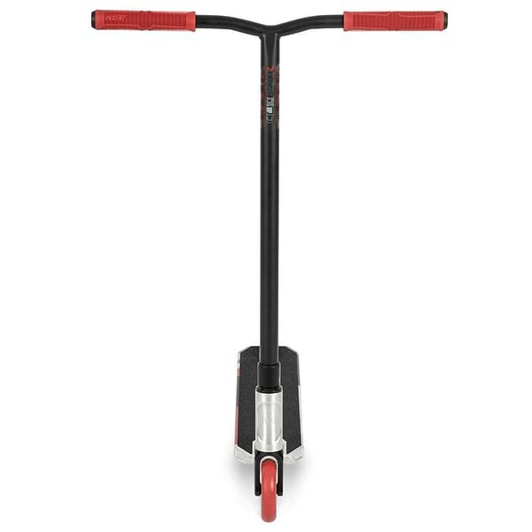 The Invert Supreme Journey 4 Jamie Hull Complete Stunt Scooter in Raw and Red combines bold aesthetics with functionality. It boasts a lightweight alloy deck, textured surface, straight handlebars, red grips, and a red front wheel visible from the front.
