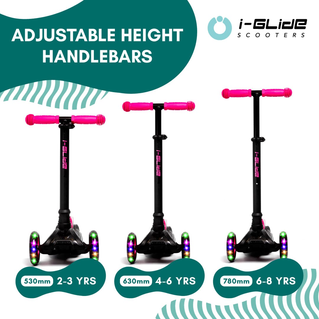 Image showcasing a lineup of three I-Glide 3-Wheel LED Kids Scooters in black and pink, each with adjustable handlebars and eye-catching LED light-up wheels. From left to right: 530mm model suitable for ages 2-3 years, 630mm model designed for ages 4-6 years, and 780mm version perfect for ages 6-8 years. Text reads: "Adjustable Height Handlebars.