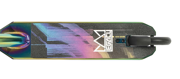 The Legacy 1.5 Mini Pro Complete Stunt Scooter boasts a vibrant deck with a mix of teal, purple, and black shades. It features abstract designs and prominently displays the word "LEGACY" in bold white lettering. Ideal for the skatepark, this scooter showcases a striking rainbow neochrome finish and has its rear wheel partially visible on the right side.
