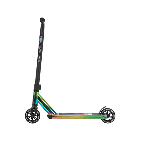 Introducing the Legacy 1.5 Mini Pro Complete Stunt Scooter by Legacy, featuring a striking rainbow neochrome deck and neck complemented by a sleek black handlebar. The compact wheels make it perfect for performing tricks at the skatepark, all wrapped up in a modern and stylish design.