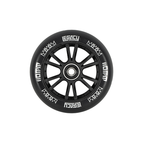 A 110mm black scooter wheel featuring a metallic core, designed for the Legacy 1.5 Mini Pro Complete Stunt Scooter in Rainbow Neochrome/Black, highlights the word "LEGACY" and white geometric patterns along the rim. Perfect for skatepark sessions, this stylish wheel embodies sophistication.