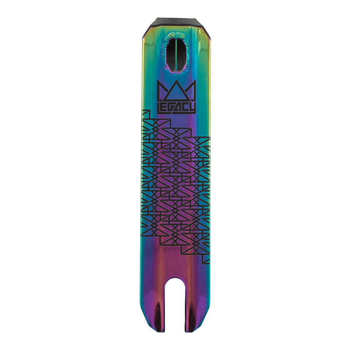 The Legacy 1.5 Pro Ventus Complete Stunt Scooter by Legacy features a rainbow neochrome/black deck with geometric patterns, cutouts at both ends, and a "Legacy" logo—ideal for skatepark riders who want style and top performance.
