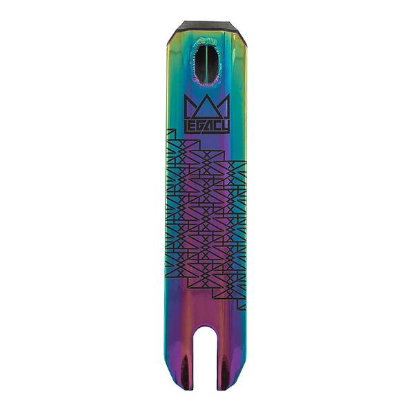 The Legacy 1.5 Pro Ventus Complete Stunt Scooter by Legacy features a rainbow neochrome/black deck with geometric patterns, cutouts at both ends, and a "Legacy" logo—ideal for skatepark riders who want style and top performance.
