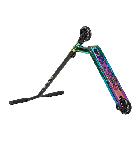 The Legacy 1.5 Ventus Pro Complete Stunt Scooter by Legacy features black handlebars and wheels, plus a metallic rainbow neochrome deck with a geometric pattern, shown tilted on its side.