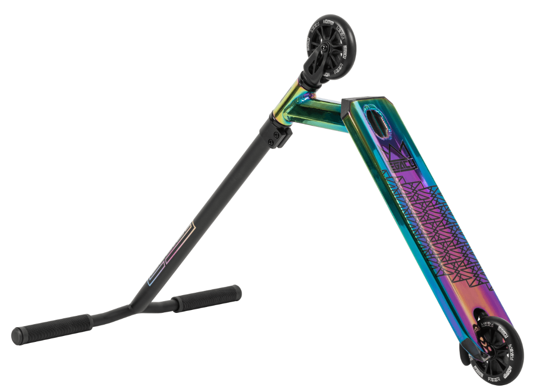 The Legacy Ventus Neochrome Stunt Scooter Starter Bundle by Legacy features a vibrant, iridescent deck with black handlebars and wheels—ideal for beginners or as part of a complete stunt scooter starter set.