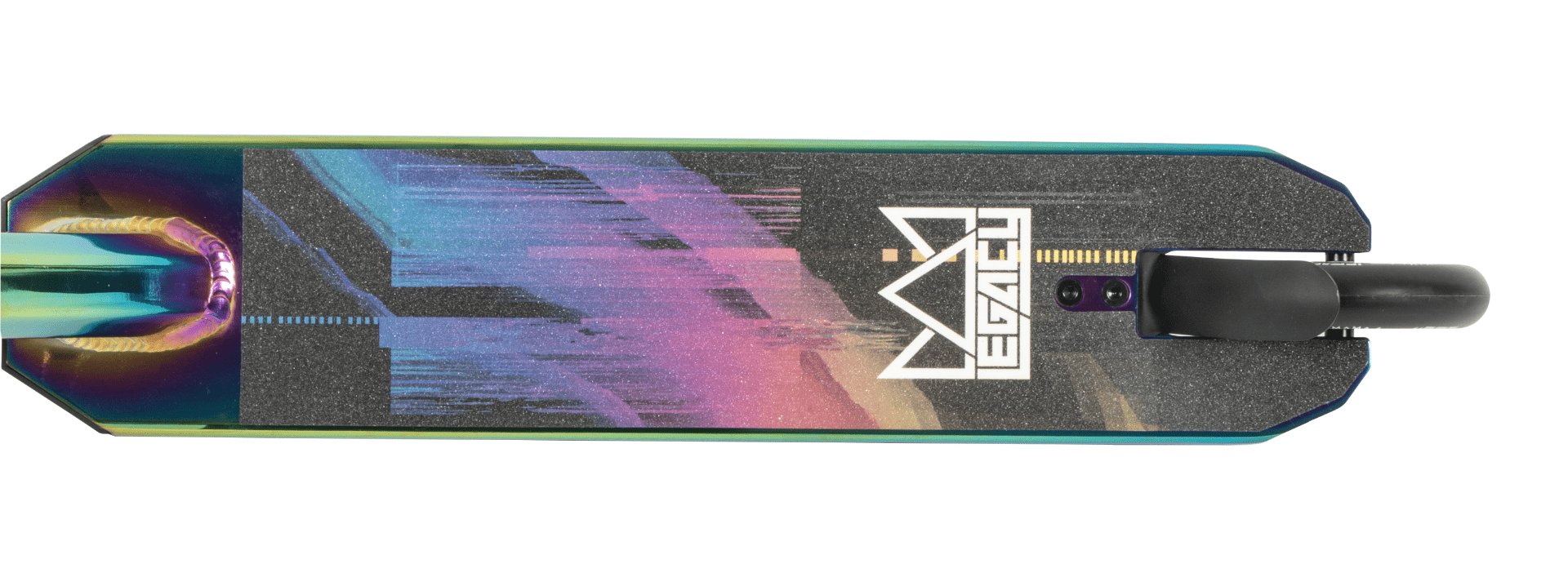 Top-down view of the Legacy 1.5 Ventus Pro Complete Stunt Scooter by Legacy, featuring a durable deck with an abstract blue, pink, and purple design, "LEGACY" text, geometric mountain logo, and rear black wheel.