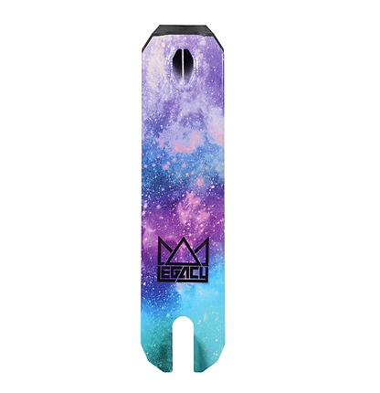The Legacy Hydro Drip Complete Stunt Scooter - Alien Galaxy showcases an otherworldly design in shades of purple, pink, and blue with a galaxy-inspired hydro dip graphic. It includes a cutout at the base and prominently features the "Legacy" logo in black towards the bottom.