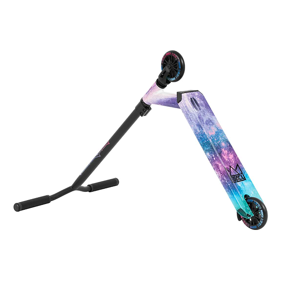 The Legacy Hydro Drip Complete Stunt Scooter - Alien Galaxy from Legacy is a foldable kick scooter featuring a galaxy-inspired Hydro Dip graphic design on the deck and handlebars. It boasts Hi-Ten Steel Y Bar, black wheels, and grips that display a vibrant mix of purple, blue, and pink hues.