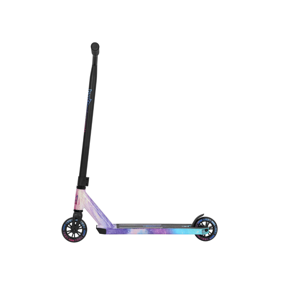 Introducing the Legacy Hydro Drip Complete Stunt Scooter - Alien Galaxy, featuring a sleek Hi-Ten Steel Y Bar. This vibrant scooter sports a black handlebar and an extraterrestrial-inspired Hydro Drip graphic on its deck, complemented by two black wheels and a modern design perfect for tricks and stunts.