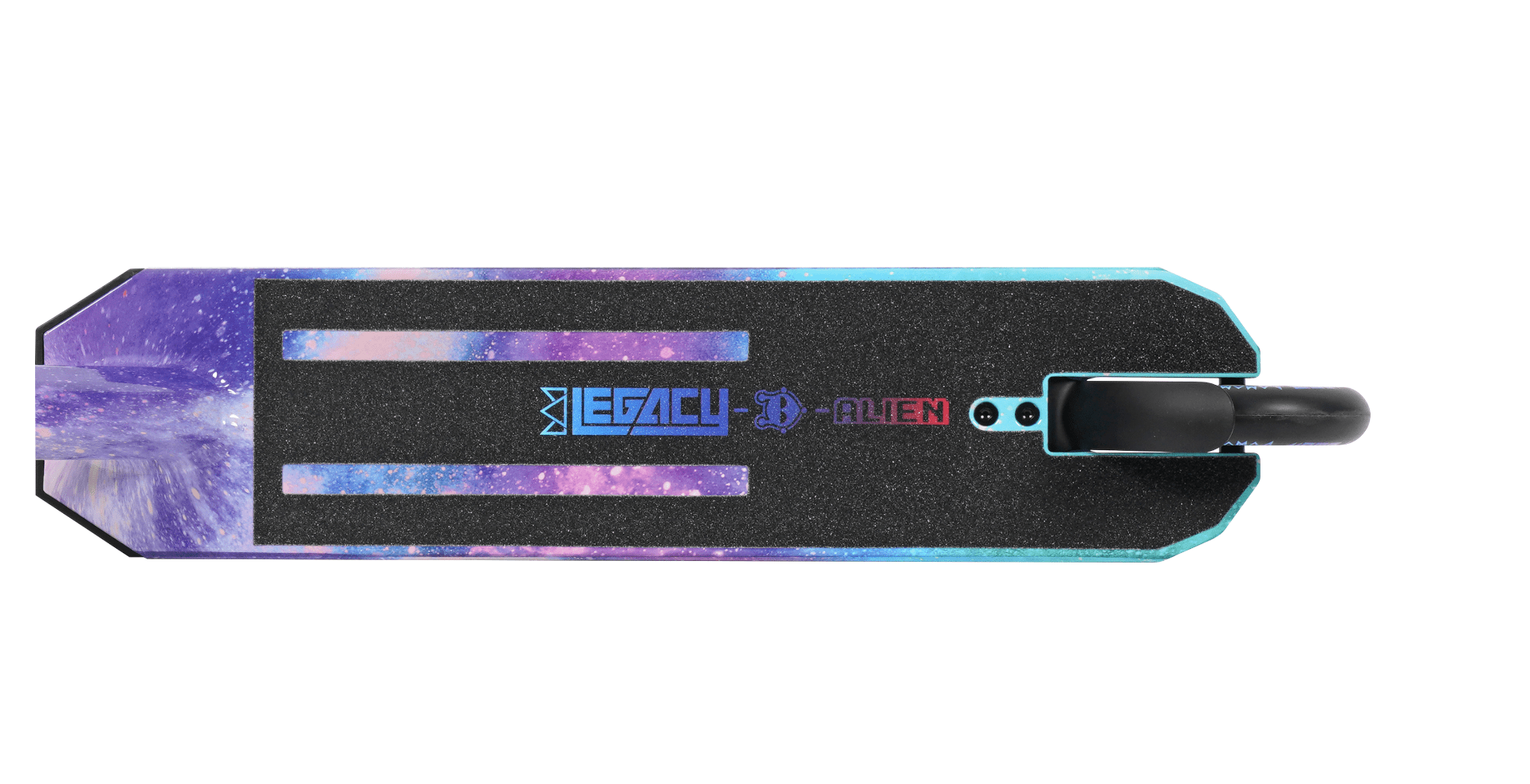 Top view of the Legacy Hydro Drip Complete Stunt Scooter deck, displaying a galaxy-inspired design. The deck is adorned with "Legacy" and "Alien" logos in blue and pink. It comes with grip tape, a single rear wheel attached, all set against a pristine white background.
