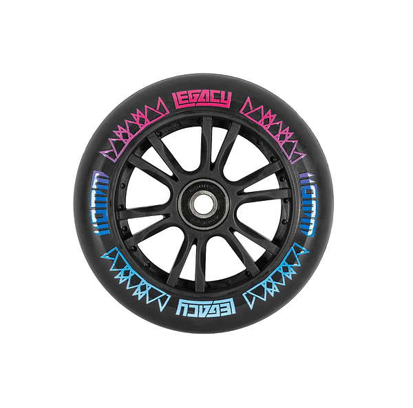Close-up of a black wheel featuring angular patterns in pink and blue along its outer edge, evoking a galaxy-inspired Hydro Dip design. The word "Legacy" appears in pink at the top and upside down in blue at the bottom. This wheel, part of the Legacy Hydro Drip Complete Stunt Scooter - Alien Galaxy by Legacy, showcases multiple black spokes extending from its center.
