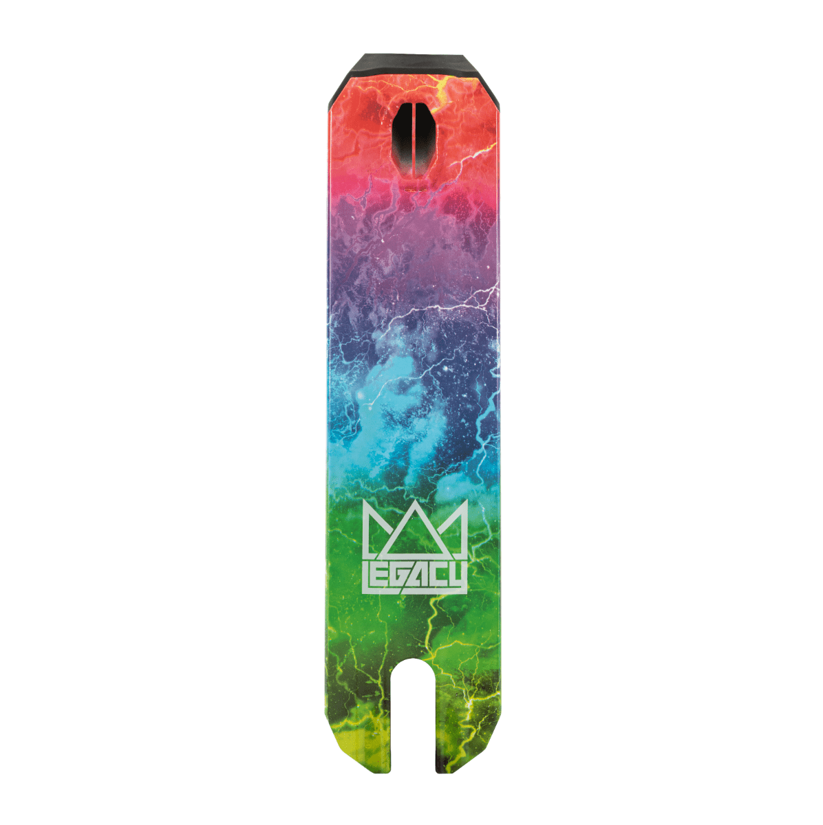 The Legacy Hydro Drip Complete Stunt Scooter - Hectic Rainbow features a vibrant deck design with shades of red, orange, yellow, blue, and green arranged in an abstract pattern reminiscent of lightning or marble. As part of the Hydro Dip Pro Stunt Scooter series by Legacy, it also showcases the word "Legacy" printed in white near the bottom.