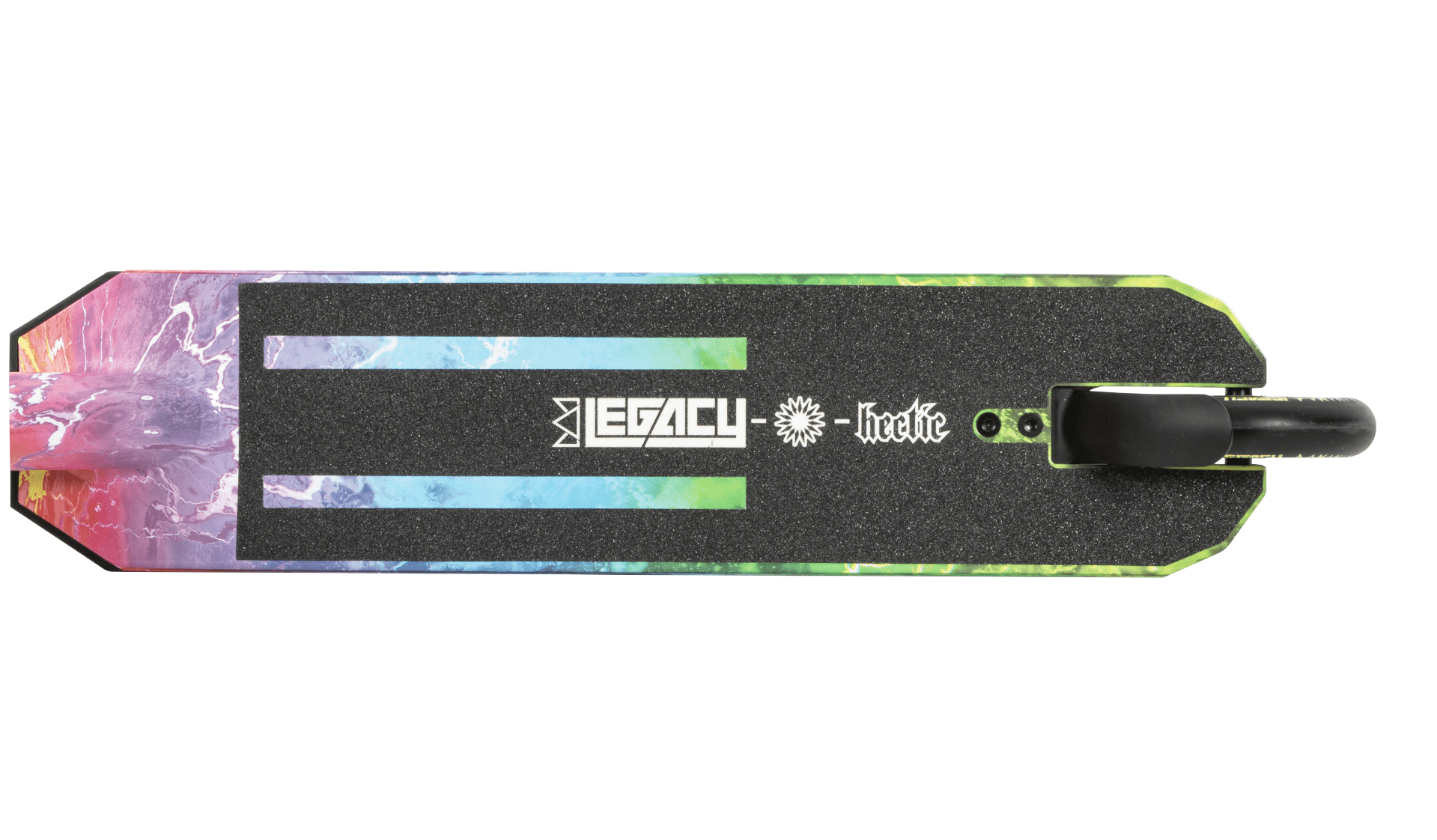 A top view of the Legacy Hydro Drip Complete Stunt Scooter - Hectic Rainbow deck highlights its black grip tape featuring "LEGACY" and "theSacrifice" prints. The colorful, rainbow-inspired edges enhance the appearance, along with a sleek rear wheel and Legacy's Hi-Ten Steel Y Bar for outstanding performance.