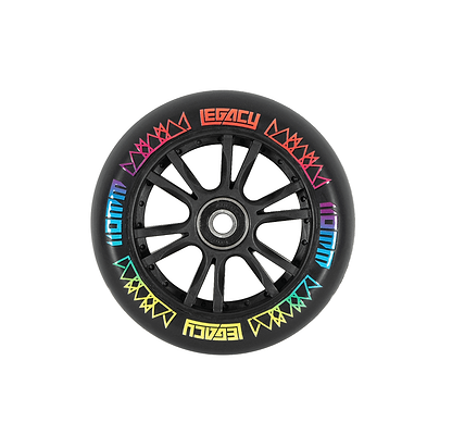 This striking black wheel showcases a dazzling multicolored geometric pattern along the rim and is marked with "LEGACY" and "110MM" in rainbow colors. Ideal for fans of the Legacy Hydro Drip Complete Stunt Scooter - Hectic Rainbow, it features a spoke-like central core design that embodies the spirit of Legacy Scooters.