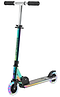 The Legacy AF100 Light Up Foldable Kick Scooter - Rainbow Neochrome by Legacy is displayed against a white backdrop, showcasing LED-lit wheels, an adjustable T-handlebar with black grips, and a sturdy graphic-adorned base. This vibrant scooter is both stylish and practical for adventures.