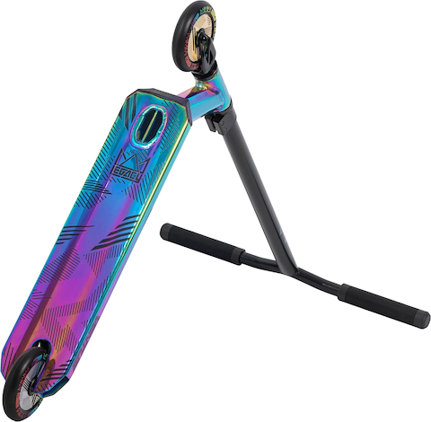 A Legacy 1.5 Pro Ventus Complete Stunt Scooter by Legacy in Rainbow Neochrome with black handlebars and a textured foot deck, displayed at an angle with the scooter tipped sideways and the handlebars resting on the ground.