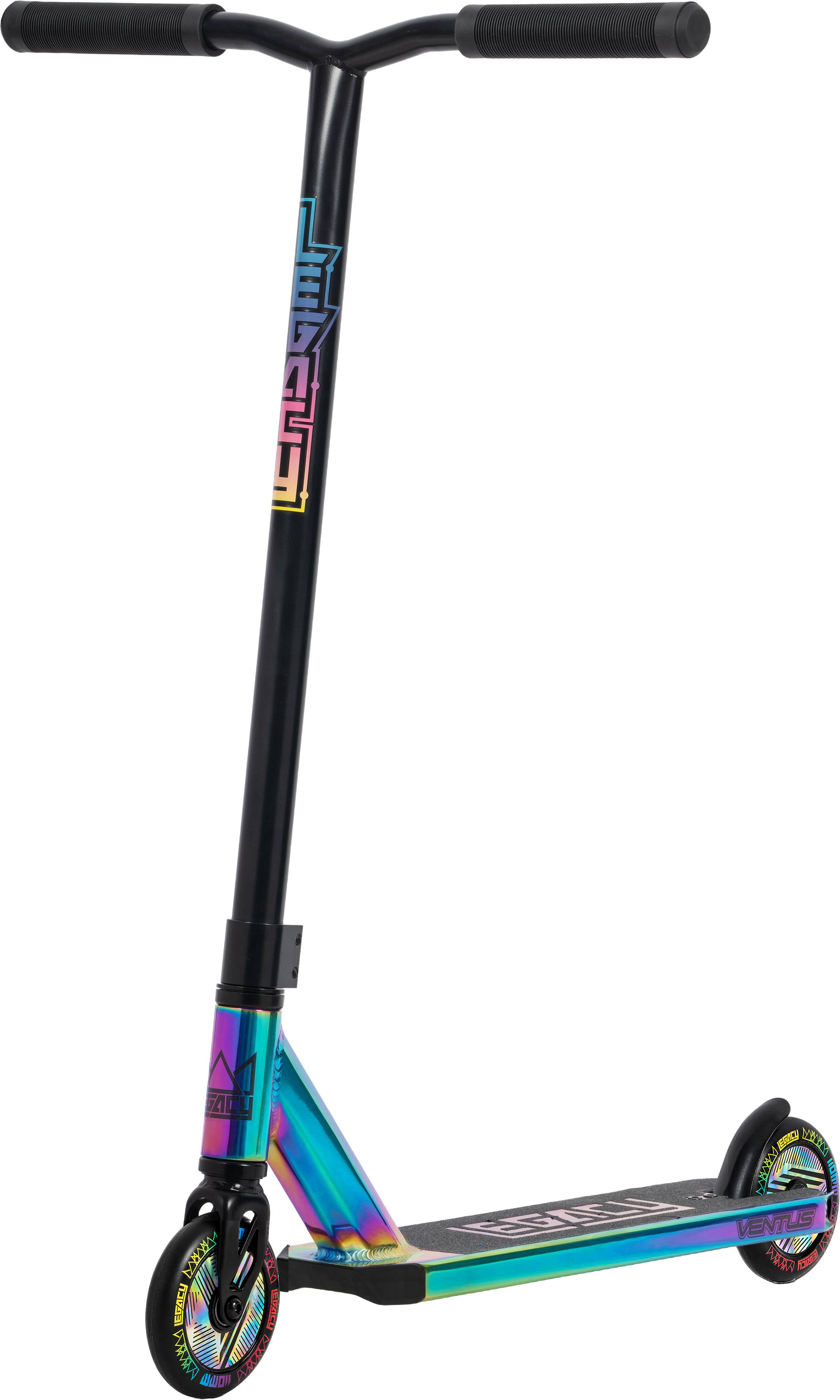 Introducing the Legacy 1.5 Pro Ventus Complete Stunt Scooter by Legacy, featuring sturdy black handlebars and a striking rainbow neochrome base. The stem is adorned with “LEGACY” displayed vertically, while the wheels showcase colorful accents and prominent branding.