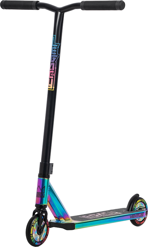 Introducing the Legacy 1.5 Pro Ventus Complete Stunt Scooter by Legacy, featuring sturdy black handlebars and a striking rainbow neochrome base. The stem is adorned with “LEGACY” displayed vertically, while the wheels showcase colorful accents and prominent branding.