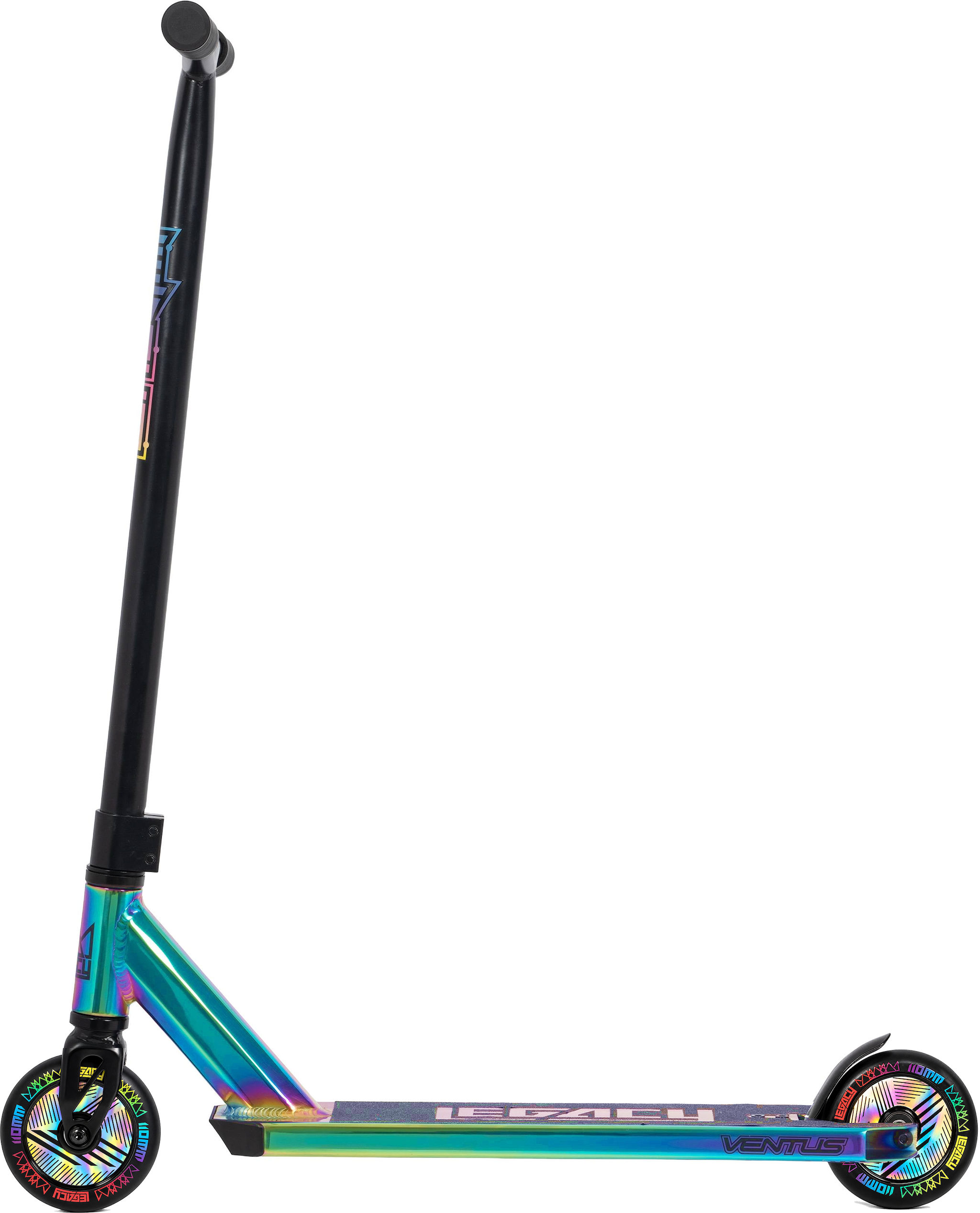 The Legacy 1.5 Pro Ventus Complete Stunt Scooter by Legacy features a striking rainbow Neochrome frame with a black handlebar, two small wheels, and a black grip tape deck. Shown in profile view against a white background, this stylish and durable scooter is ideal for riders looking for both performance and eye-catching design.