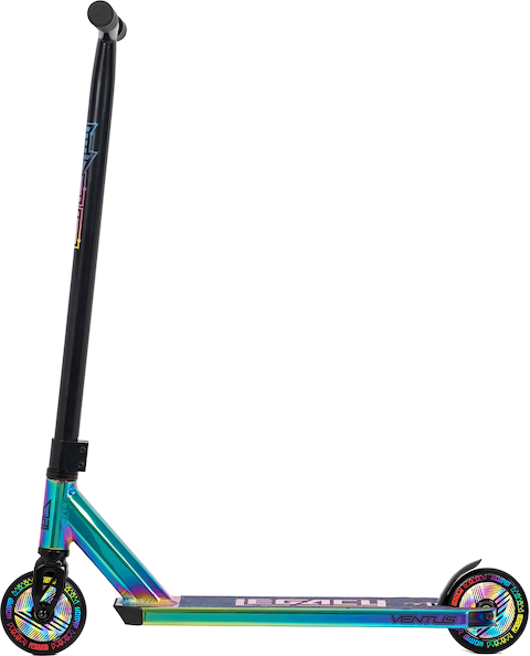 The Legacy 1.5 Pro Ventus Complete Stunt Scooter by Legacy features a striking rainbow Neochrome frame with a black handlebar, two small wheels, and a black grip tape deck. Shown in profile view against a white background, this stylish and durable scooter is ideal for riders looking for both performance and eye-catching design.