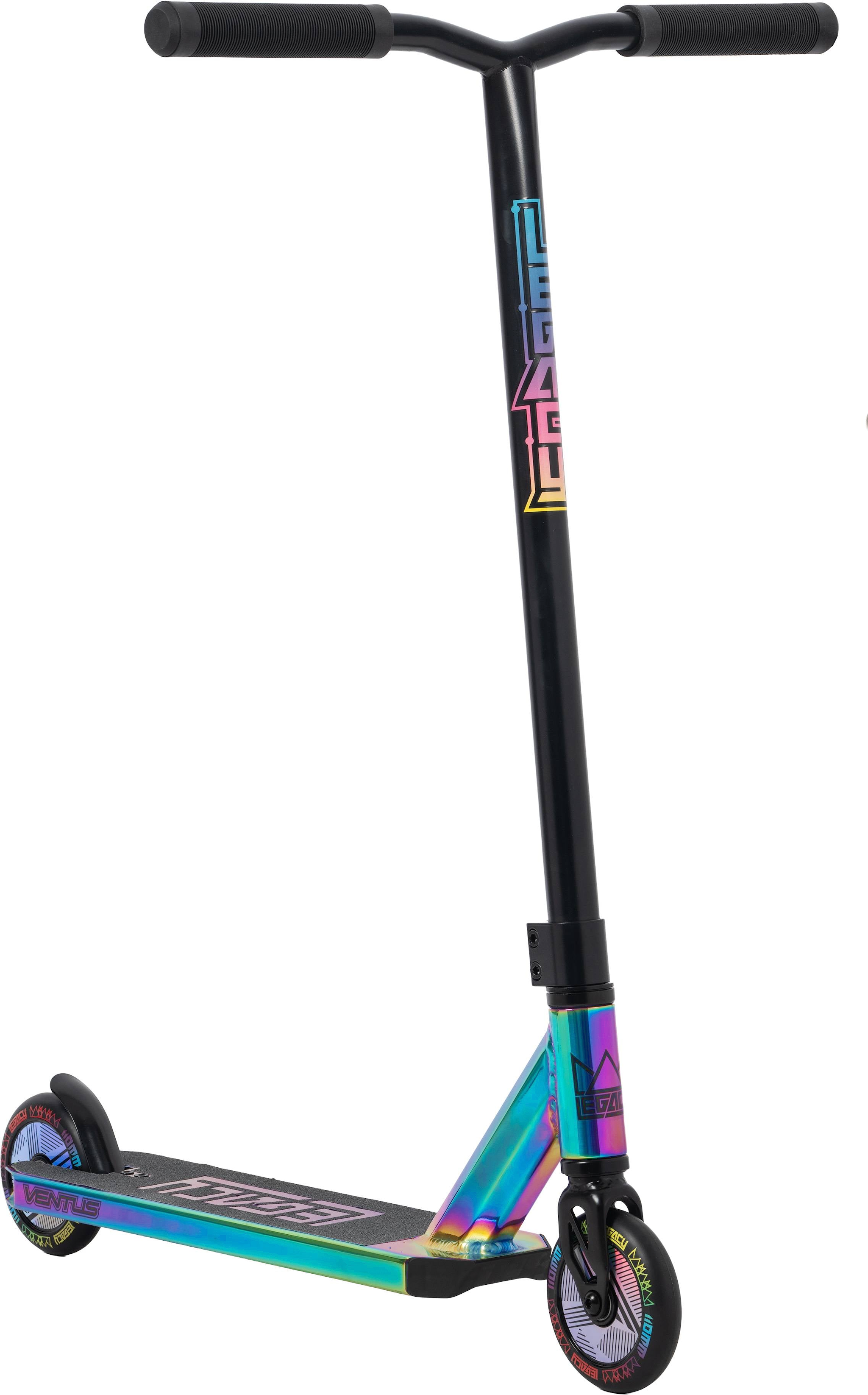 The Legacy 1.5 Pro Ventus Complete Stunt Scooter by Legacy features a striking rainbow neochrome finish with a black handlebar, iridescent deck, and matching wheels. The deck includes grip tape and bold graphics for added style and control. This durable stunt scooter stands upright against a white background.