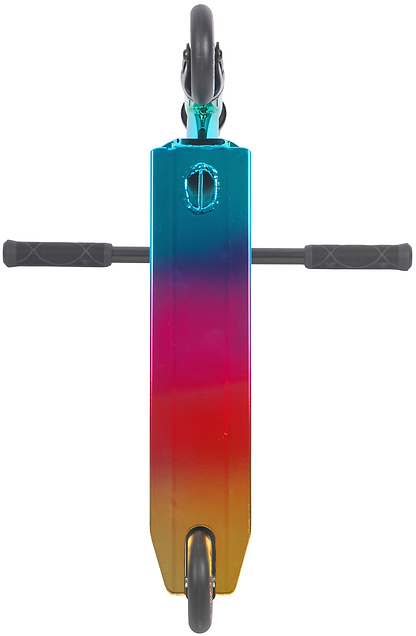 Top view of the Legacy Raze Complete Stunt Scooter by Legacy in Oil Slick/Neochrome, with black handlebars and wheels, and a deck showcasing a blue-to-pink-to-orange metallic gradient.