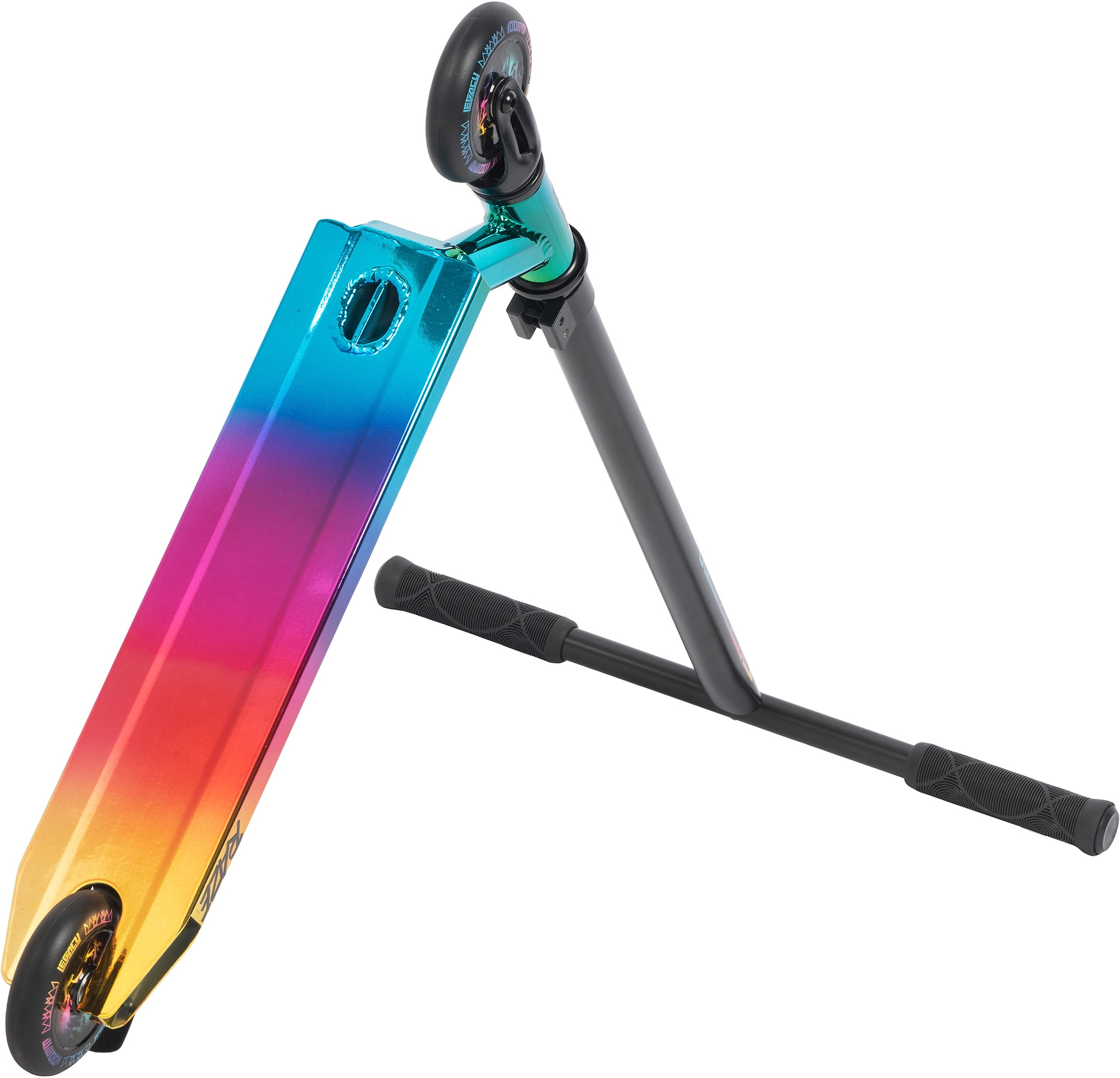 The Legacy Raze Complete Stunt Scooter - Oil Slick/Neochrome by Legacy features a vibrant gradient deck, black handlebars with grips, and black wheels, photographed at an angle on a white background—ideal for stylish beginner riders.